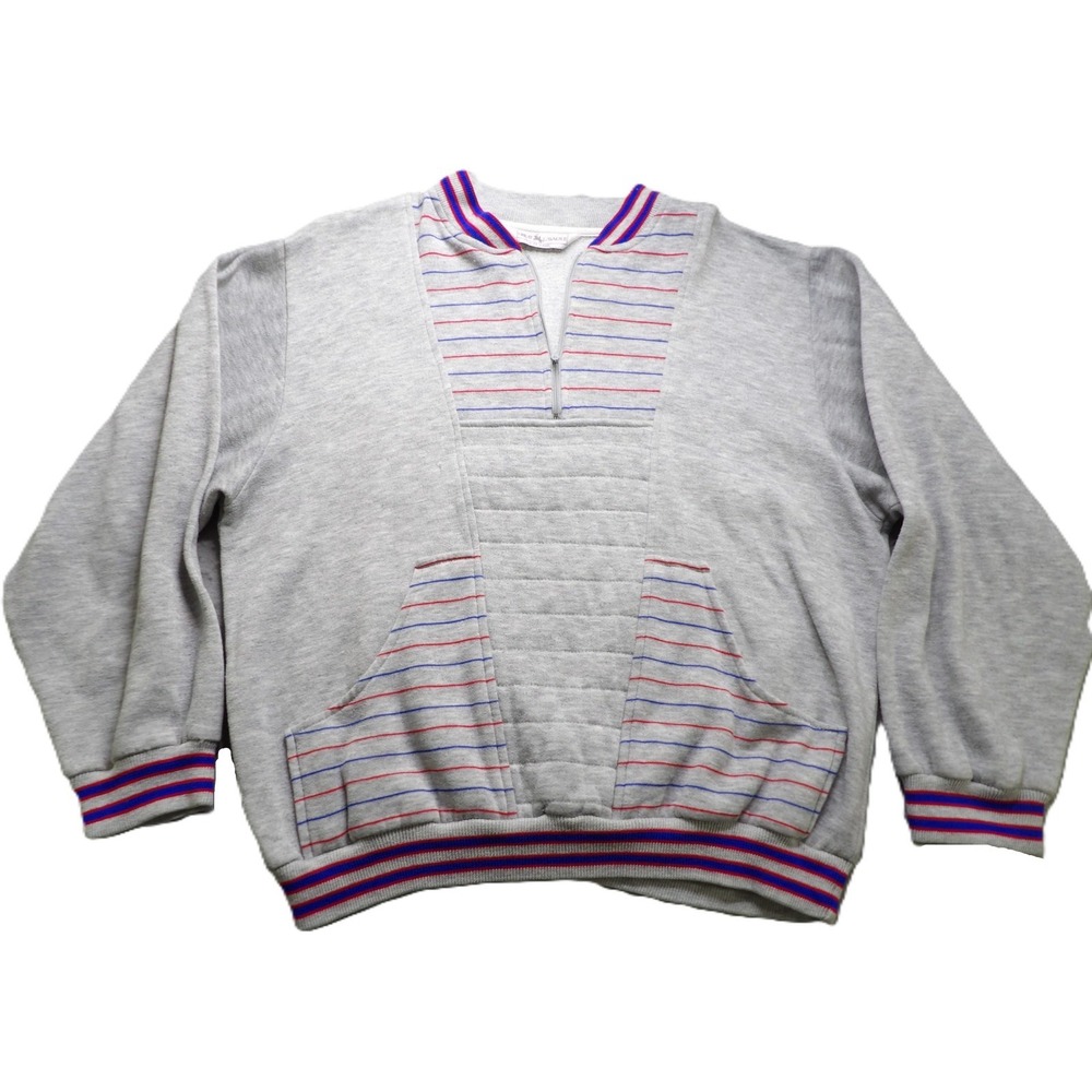 VTG Great Cavalier 80s Quarter Zip Sweatshirt Gray Stripe Men Large Cotton Retro
